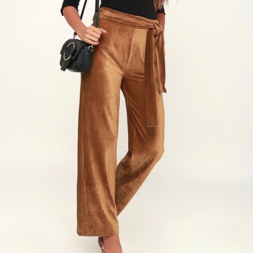 LIGHT BROWN RIBBED VELVET WIDE-LEG PANTS